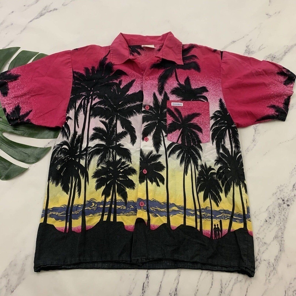 Mens Vintage Hawaiian Aloha Shirt Size M Pink Black Palms Bahamas Tropical Tiki